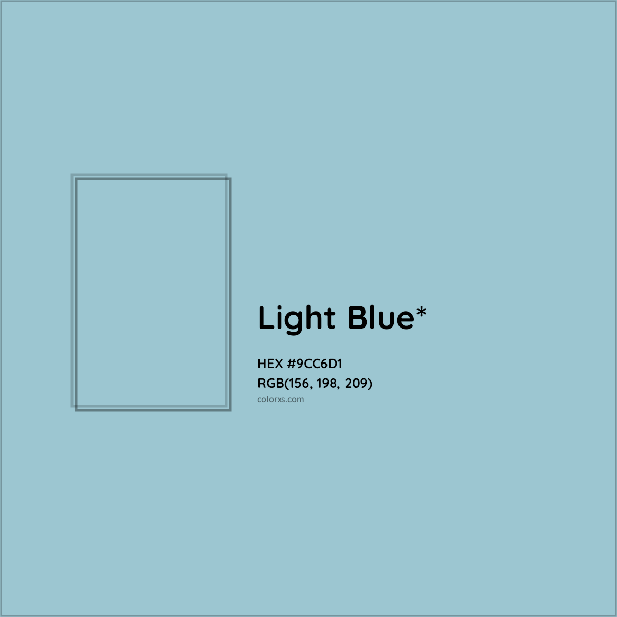 #9CC6D1 hex color. RGB, RYB, CMYK, HSL, HSV codes and color conversions. Matching color names, palettes, paints.