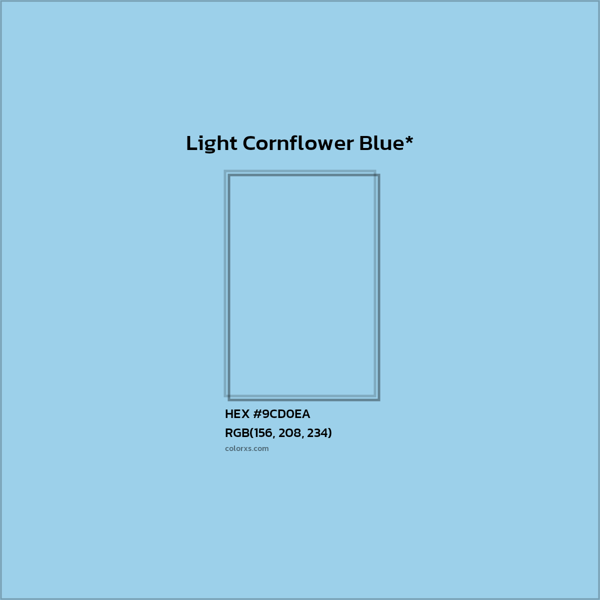 #9CD0EA hex color. RGB, RYB, CMYK, HSL, HSV codes and color conversions. Matching color names, palettes, paints.