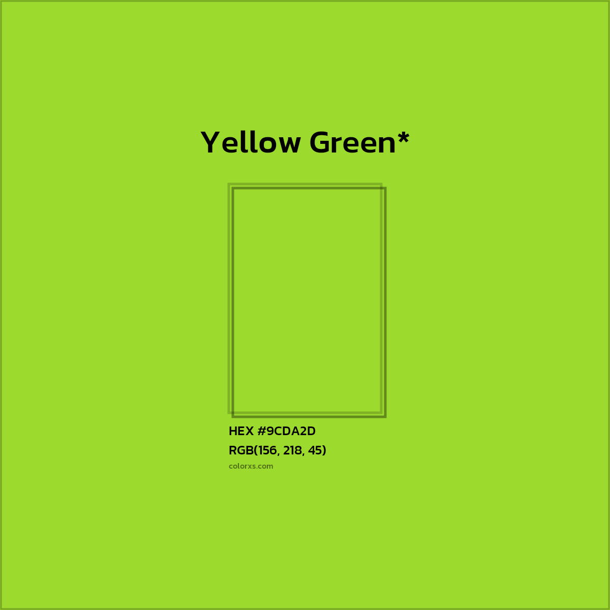 #9CDA2D hex color. RGB, RYB, CMYK, HSL, HSV codes and color conversions. Matching color names, palettes, paints.