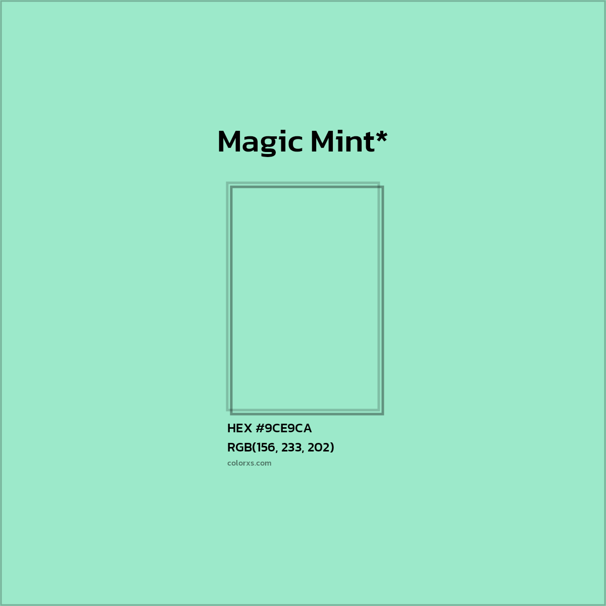 #9CE9CA hex color. RGB, RYB, CMYK, HSL, HSV codes and color conversions. Matching color names, palettes, paints.