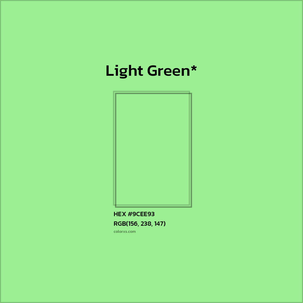 #9CEE93 hex color. RGB, RYB, CMYK, HSL, HSV codes and color conversions. Matching color names, palettes, paints.