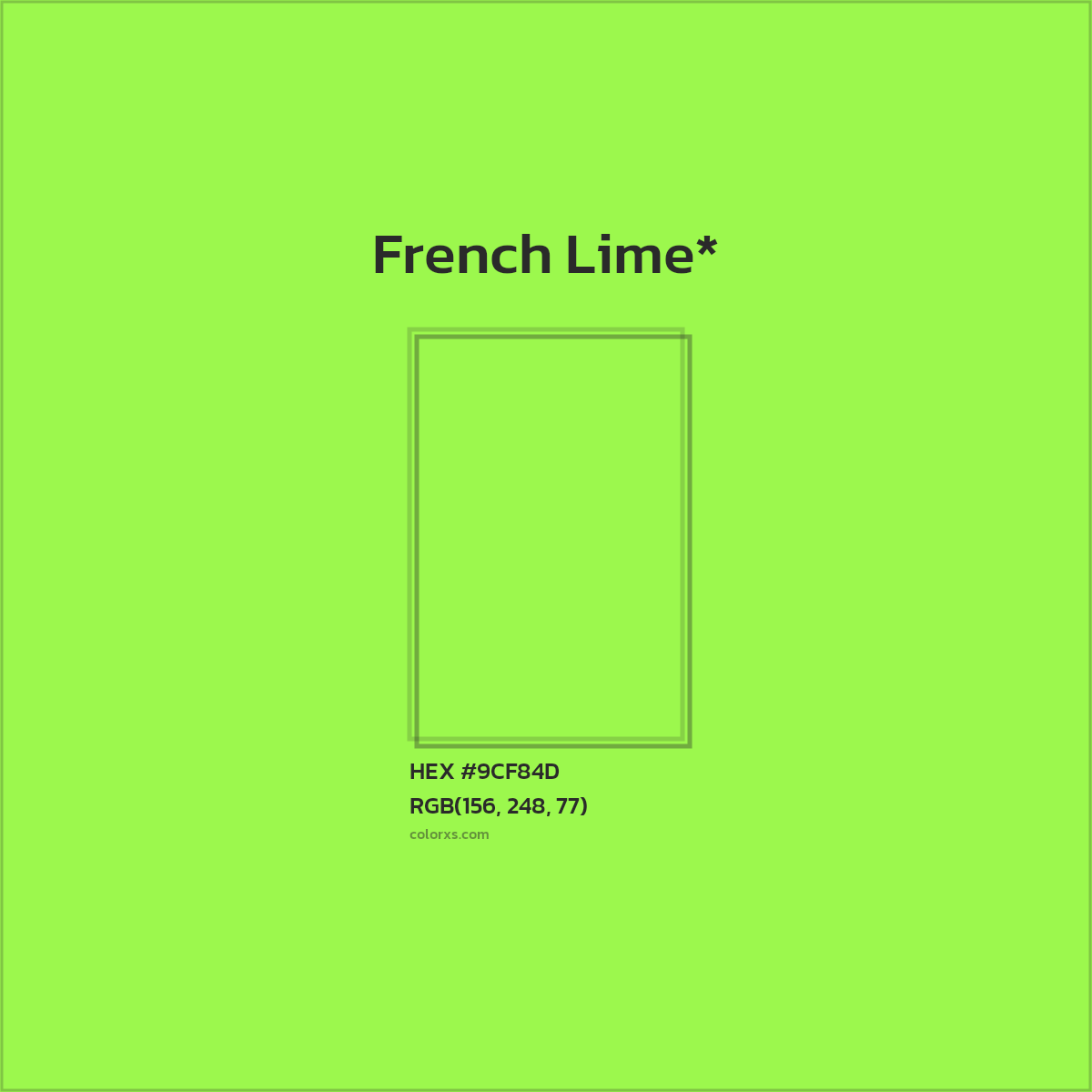 #9CF84D hex color. RGB, RYB, CMYK, HSL, HSV codes and color conversions. Matching color names, palettes, paints.