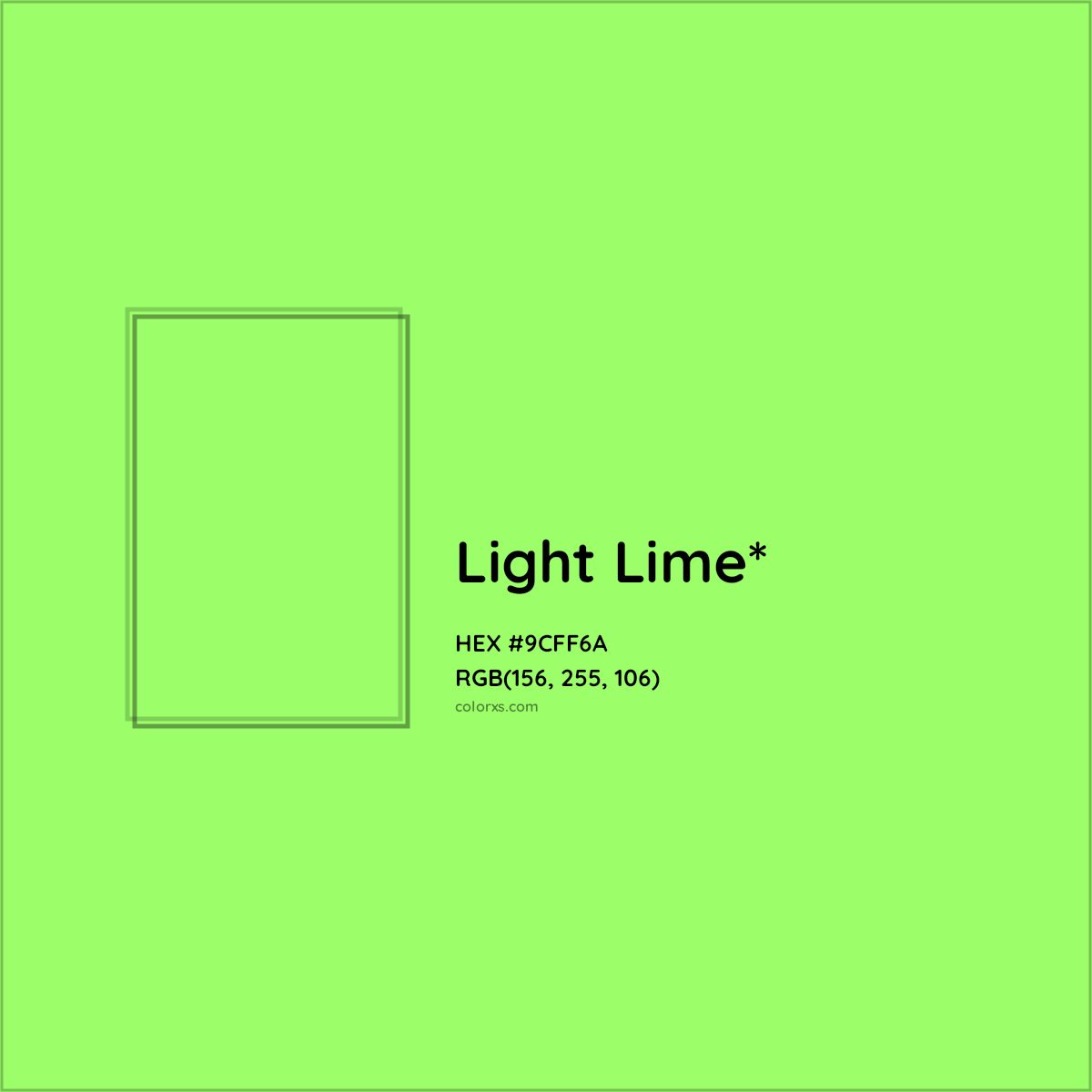 #9CFF6A hex color. RGB, RYB, CMYK, HSL, HSV codes and color conversions. Matching color names, palettes, paints.