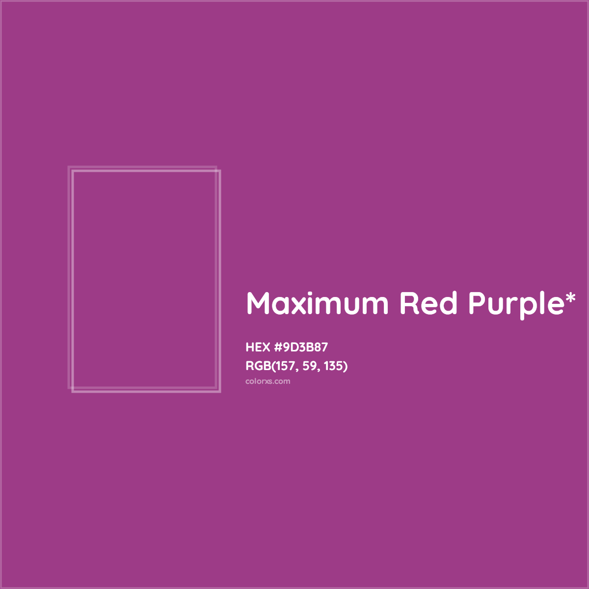 #9D3B87 hex color. RGB, RYB, CMYK, HSL, HSV codes and color conversions. Matching color names, palettes, paints.