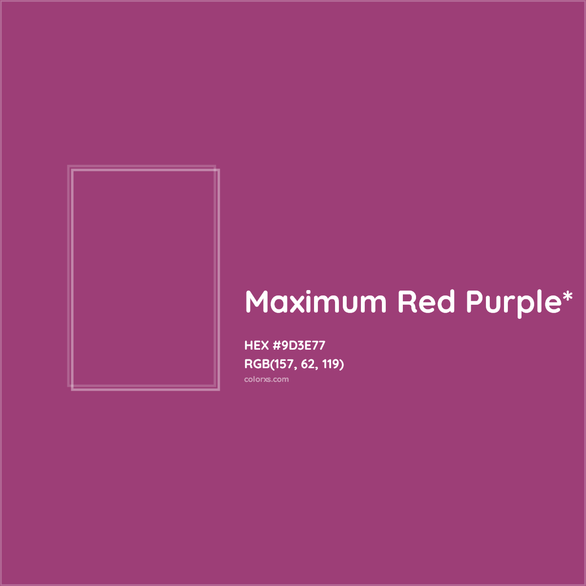 #9D3E77 hex color. RGB, RYB, CMYK, HSL, HSV codes and color conversions. Matching color names, palettes, paints.