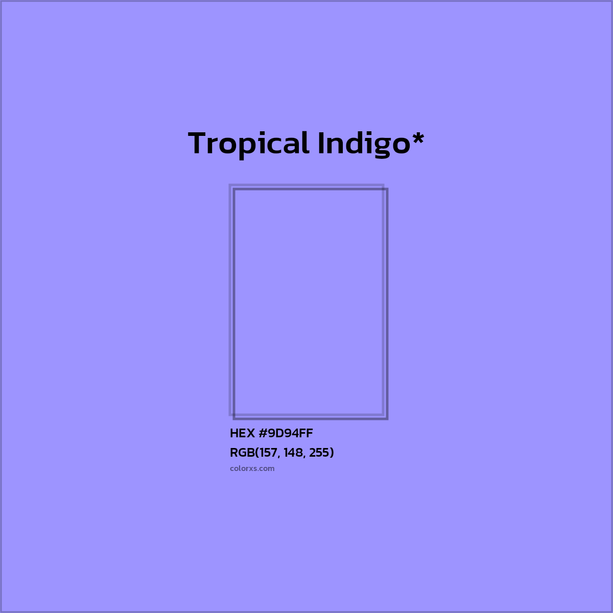 #9D94FF hex color. RGB, RYB, CMYK, HSL, HSV codes and color conversions. Matching color names, palettes, paints.
