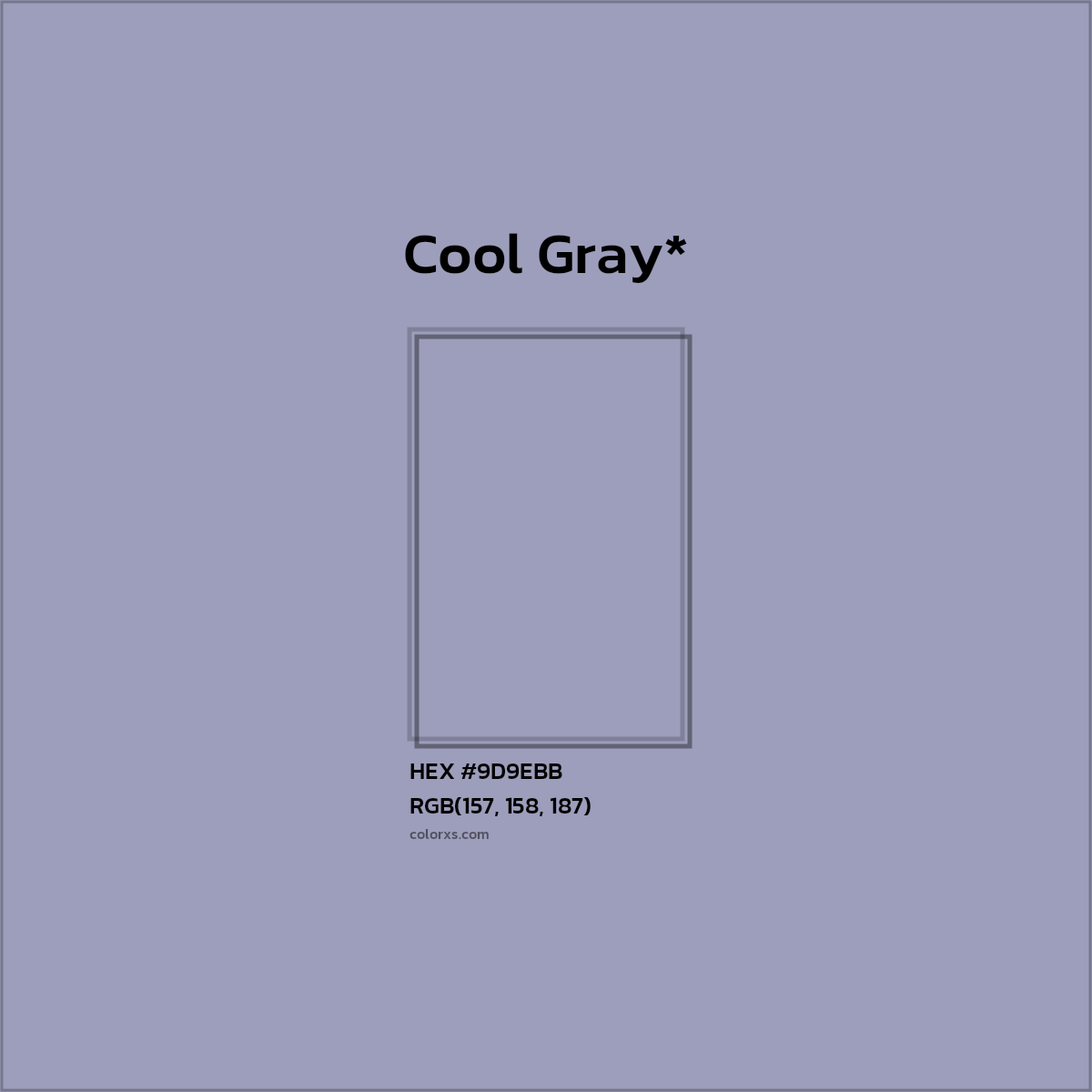 #9D9EBB hex color. RGB, RYB, CMYK, HSL, HSV codes and color conversions. Matching color names, palettes, paints.