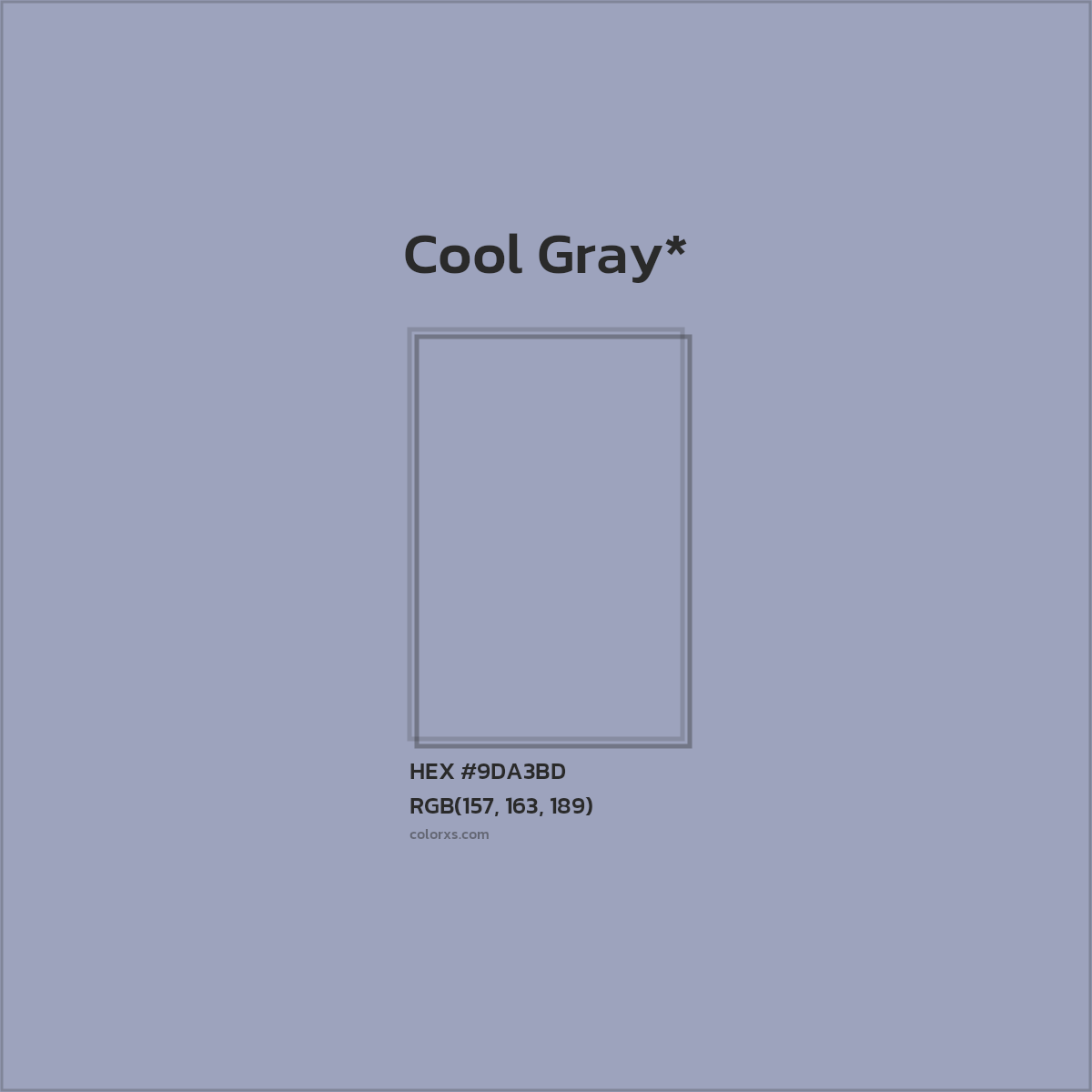 #9DA3BD hex color. RGB, RYB, CMYK, HSL, HSV codes and color conversions. Matching color names, palettes, paints.