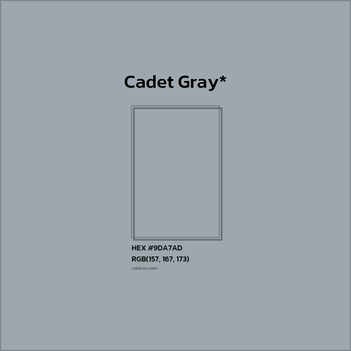 #9DA7AD hex color. RGB, RYB, CMYK, HSL, HSV codes and color conversions. Matching color names, palettes, paints.