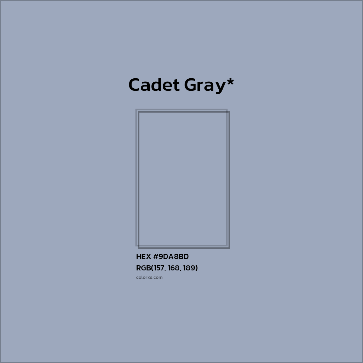 #9DA8BD hex color. RGB, RYB, CMYK, HSL, HSV codes and color conversions. Matching color names, palettes, paints.