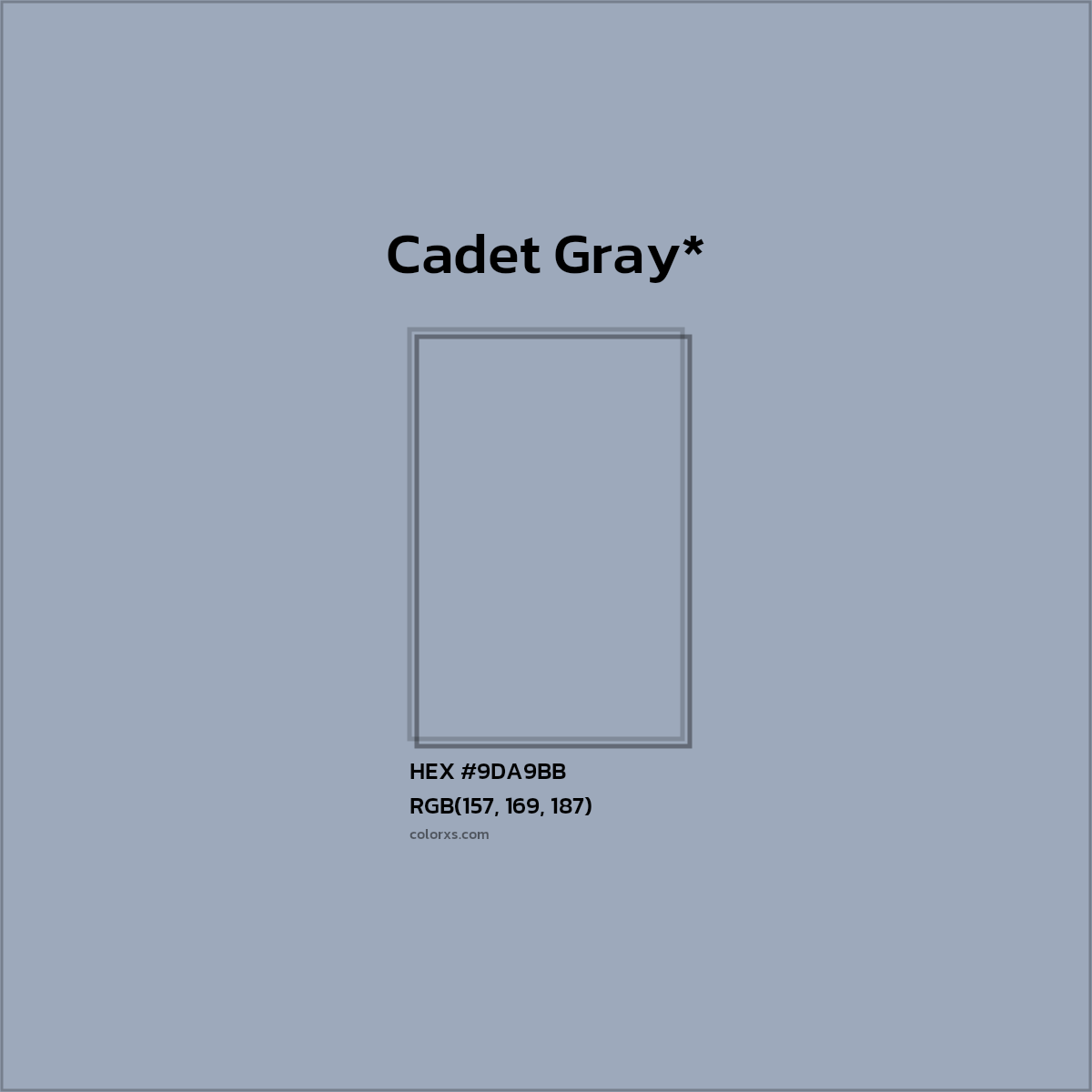#9DA9BB hex color. RGB, RYB, CMYK, HSL, HSV codes and color conversions. Matching color names, palettes, paints.