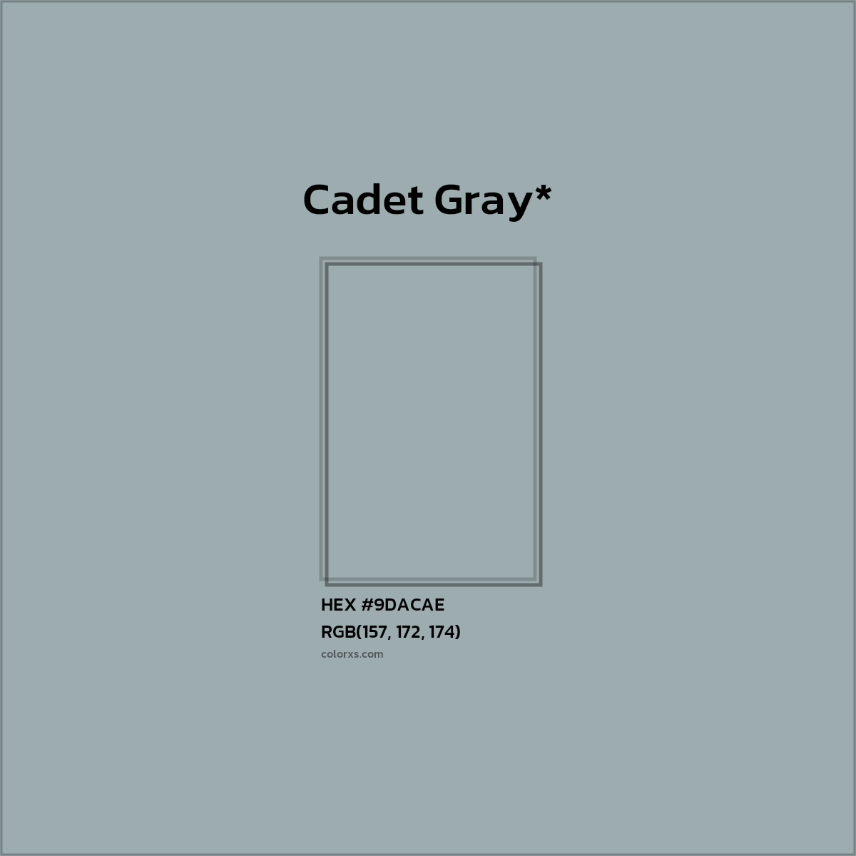 #9DACAE hex color. RGB, RYB, CMYK, HSL, HSV codes and color conversions. Matching color names, palettes, paints.