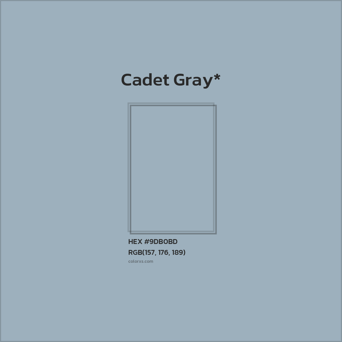 #9DB0BD hex color. RGB, RYB, CMYK, HSL, HSV codes and color conversions. Matching color names, palettes, paints.