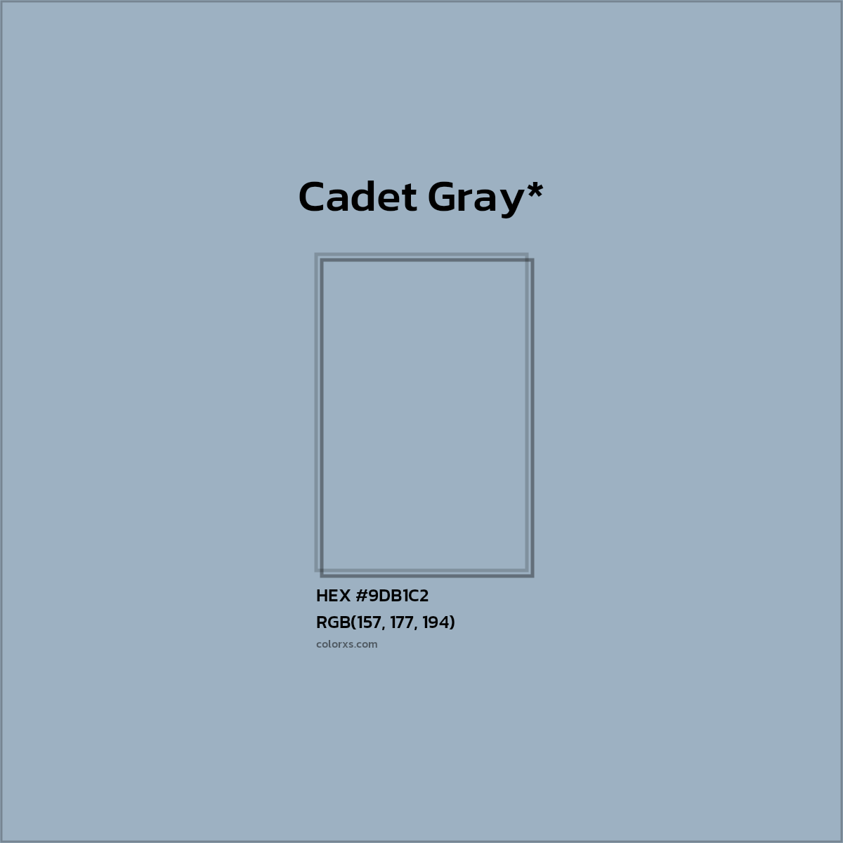 #9DB1C2 hex color. RGB, RYB, CMYK, HSL, HSV codes and color conversions. Matching color names, palettes, paints.