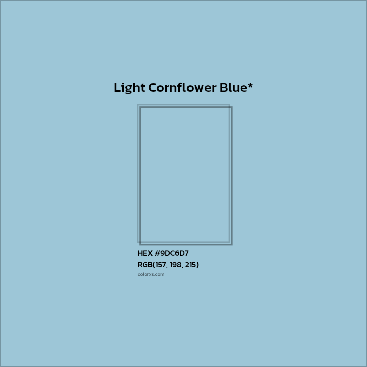 #9DC6D7 hex color. RGB, RYB, CMYK, HSL, HSV codes and color conversions. Matching color names, palettes, paints.