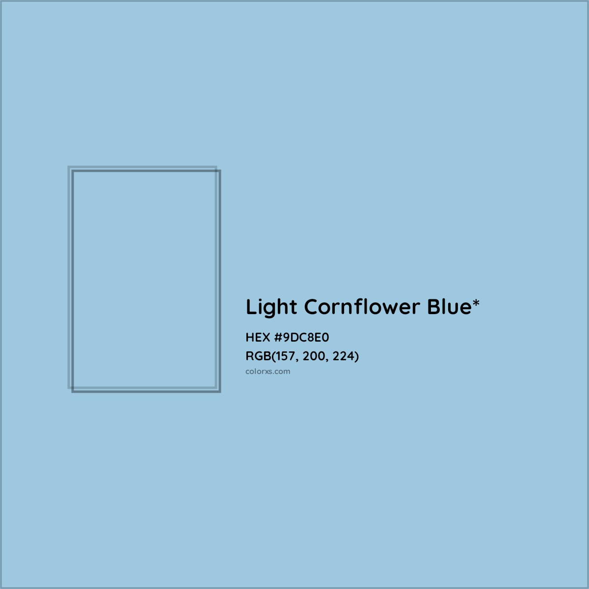 #9DC8E0 hex color. RGB, RYB, CMYK, HSL, HSV codes and color conversions. Matching color names, palettes, paints.
