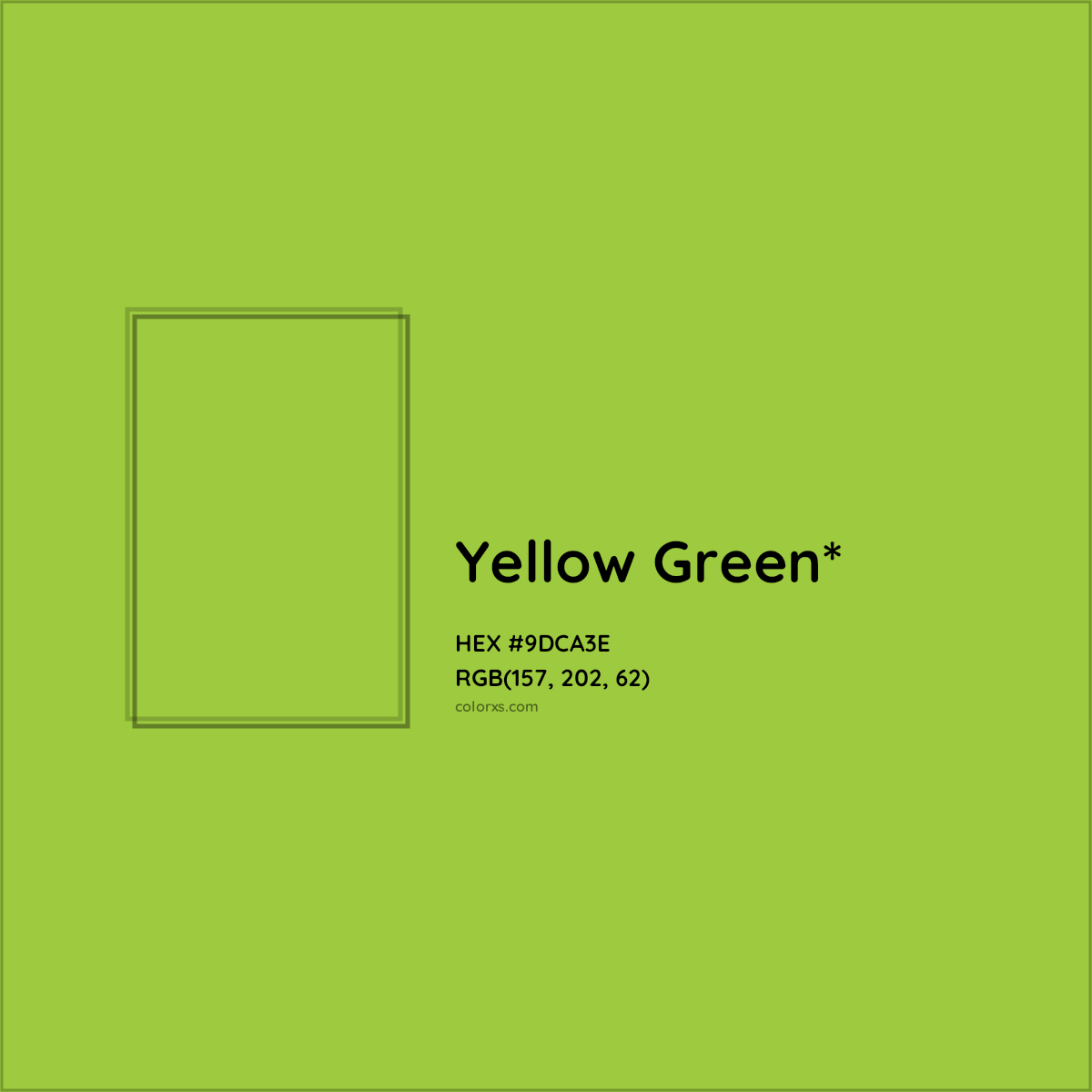 #9DCA3E hex color. RGB, RYB, CMYK, HSL, HSV codes and color conversions. Matching color names, palettes, paints.