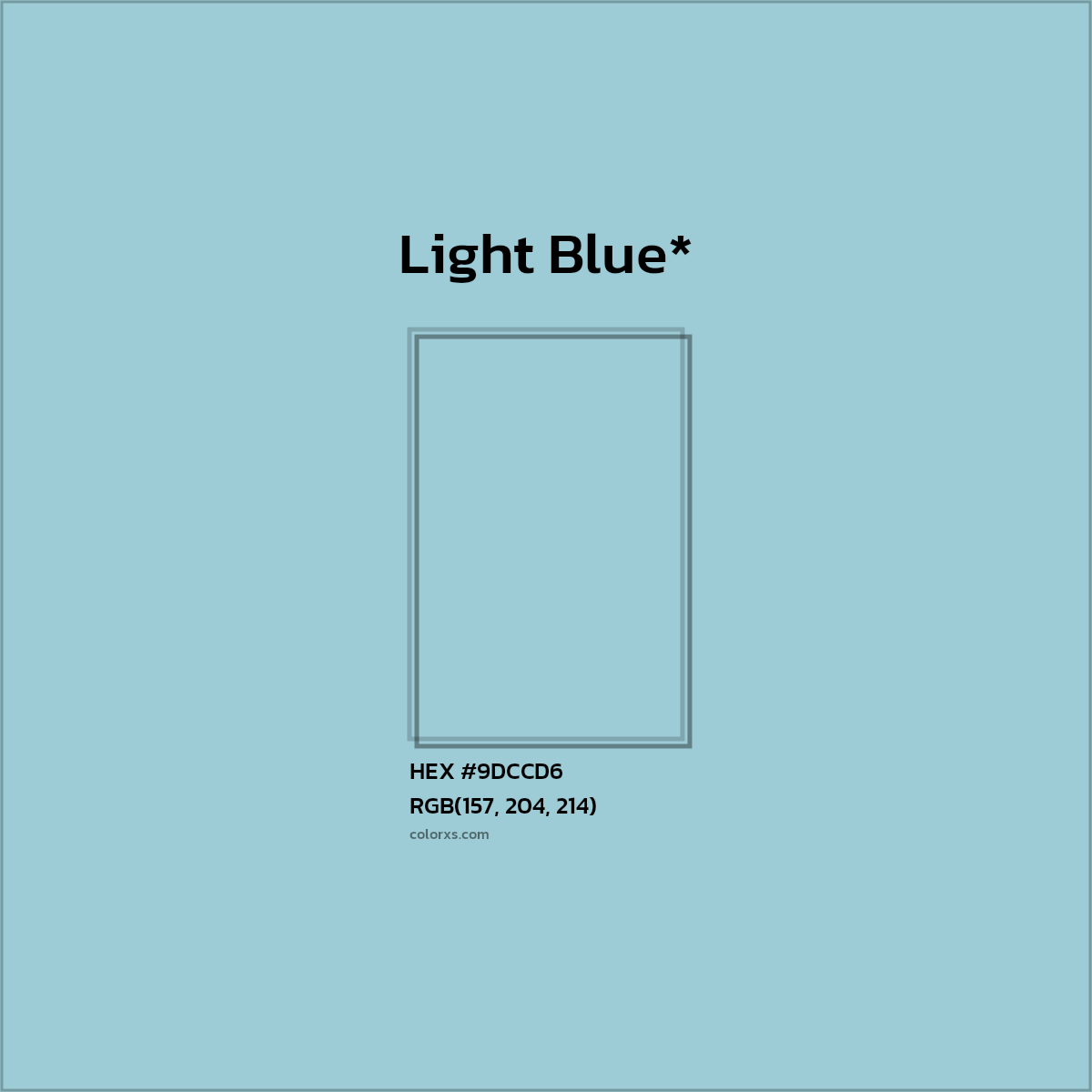 #9DCCD6 hex color. RGB, RYB, CMYK, HSL, HSV codes and color conversions. Matching color names, palettes, paints.