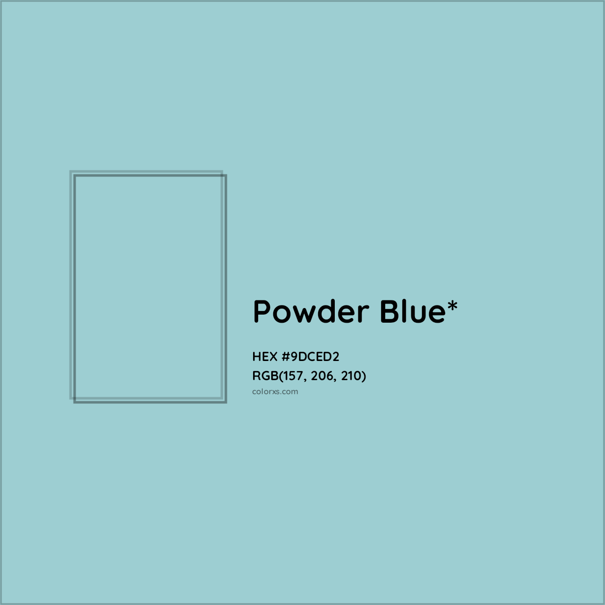#9DCED2 hex color. RGB, RYB, CMYK, HSL, HSV codes and color conversions. Matching color names, palettes, paints.