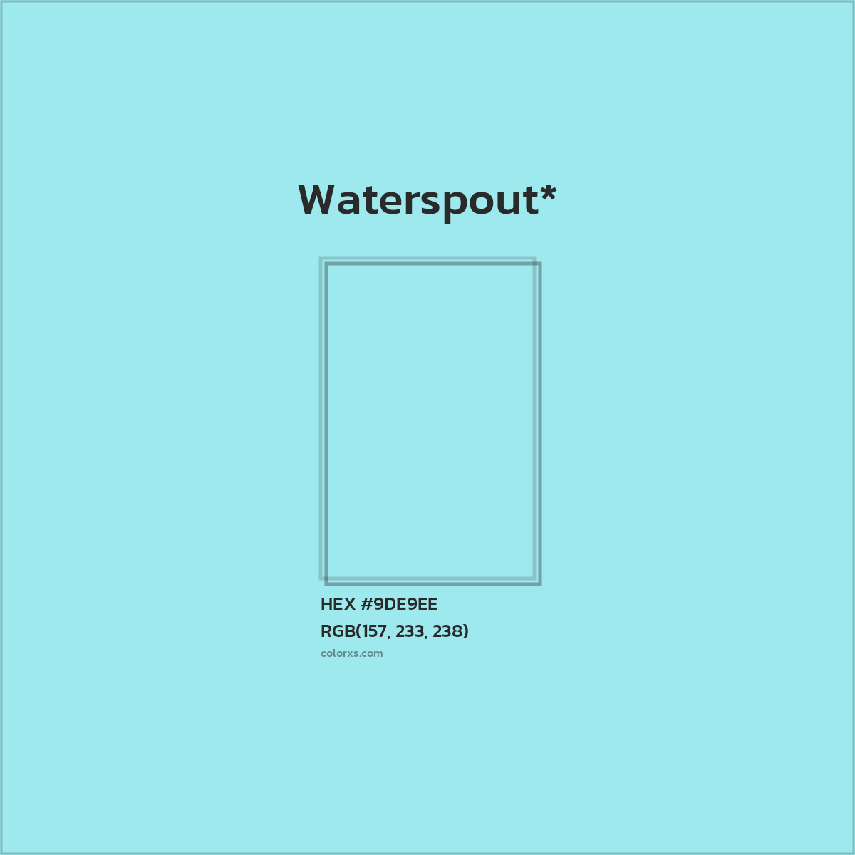 #9DE9EE hex color. RGB, RYB, CMYK, HSL, HSV codes and color conversions. Matching color names, palettes, paints.