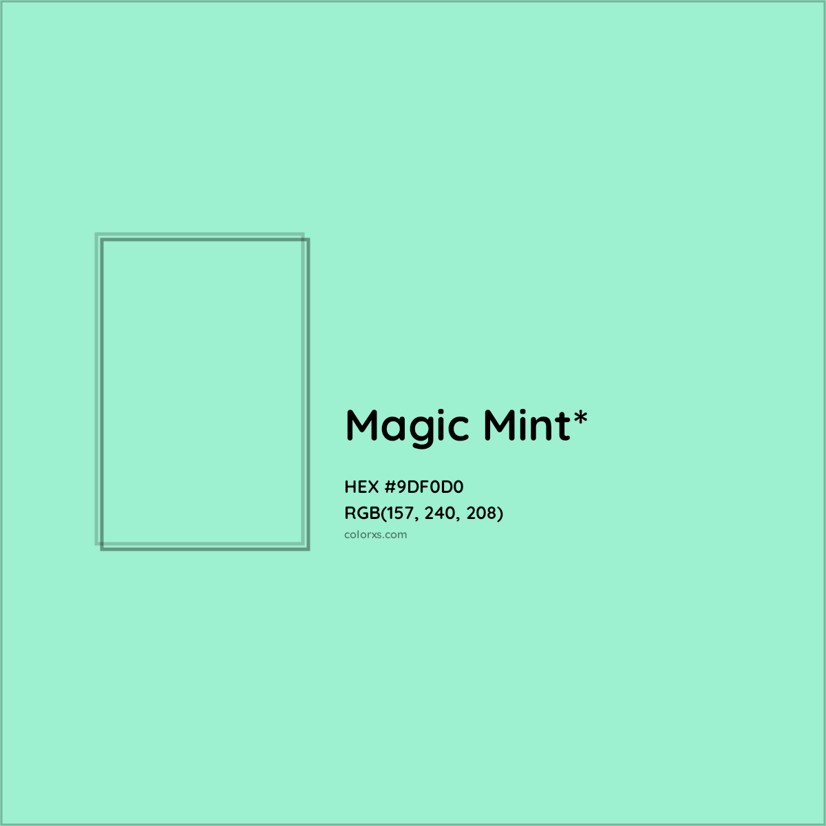 #9DF0D0 hex color. RGB, RYB, CMYK, HSL, HSV codes and color conversions. Matching color names, palettes, paints.