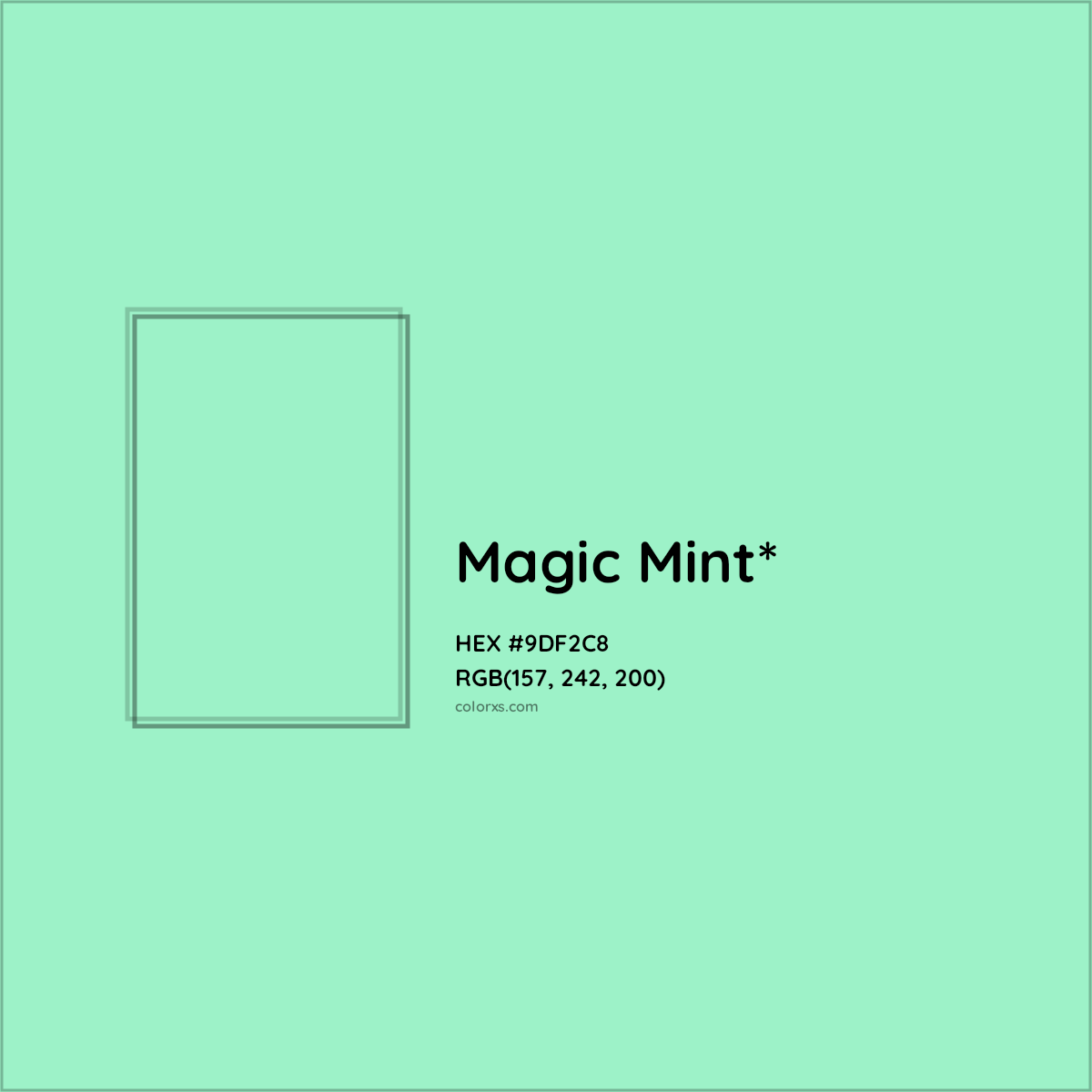 #9DF2C8 hex color. RGB, RYB, CMYK, HSL, HSV codes and color conversions. Matching color names, palettes, paints.