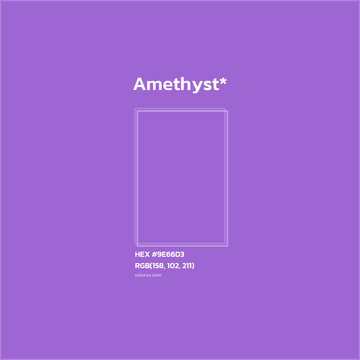 #9E66D3 hex color. RGB, RYB, CMYK, HSL, HSV codes and color conversions. Matching color names, palettes, paints.