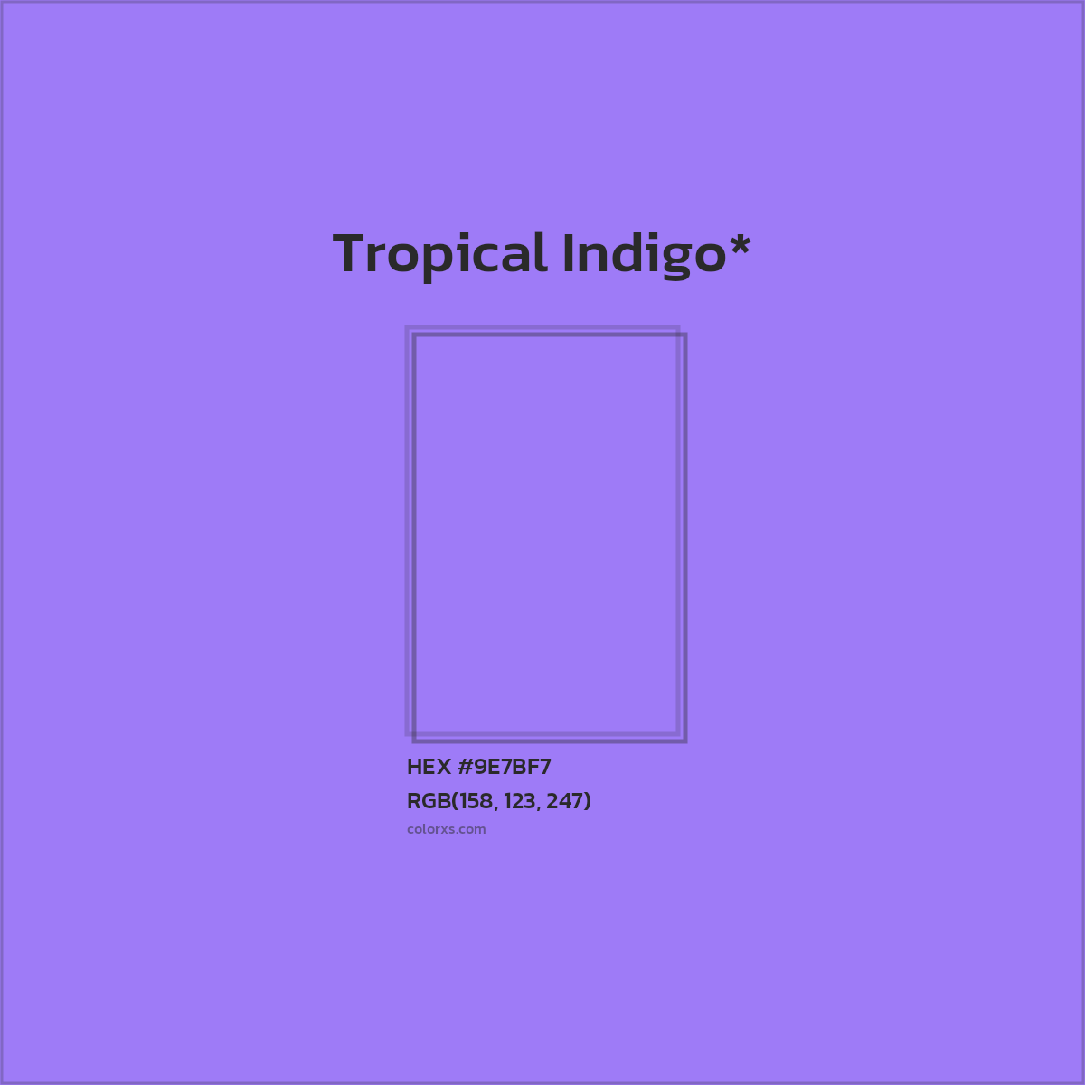 #9E7BF7 hex color. RGB, RYB, CMYK, HSL, HSV codes and color conversions. Matching color names, palettes, paints.