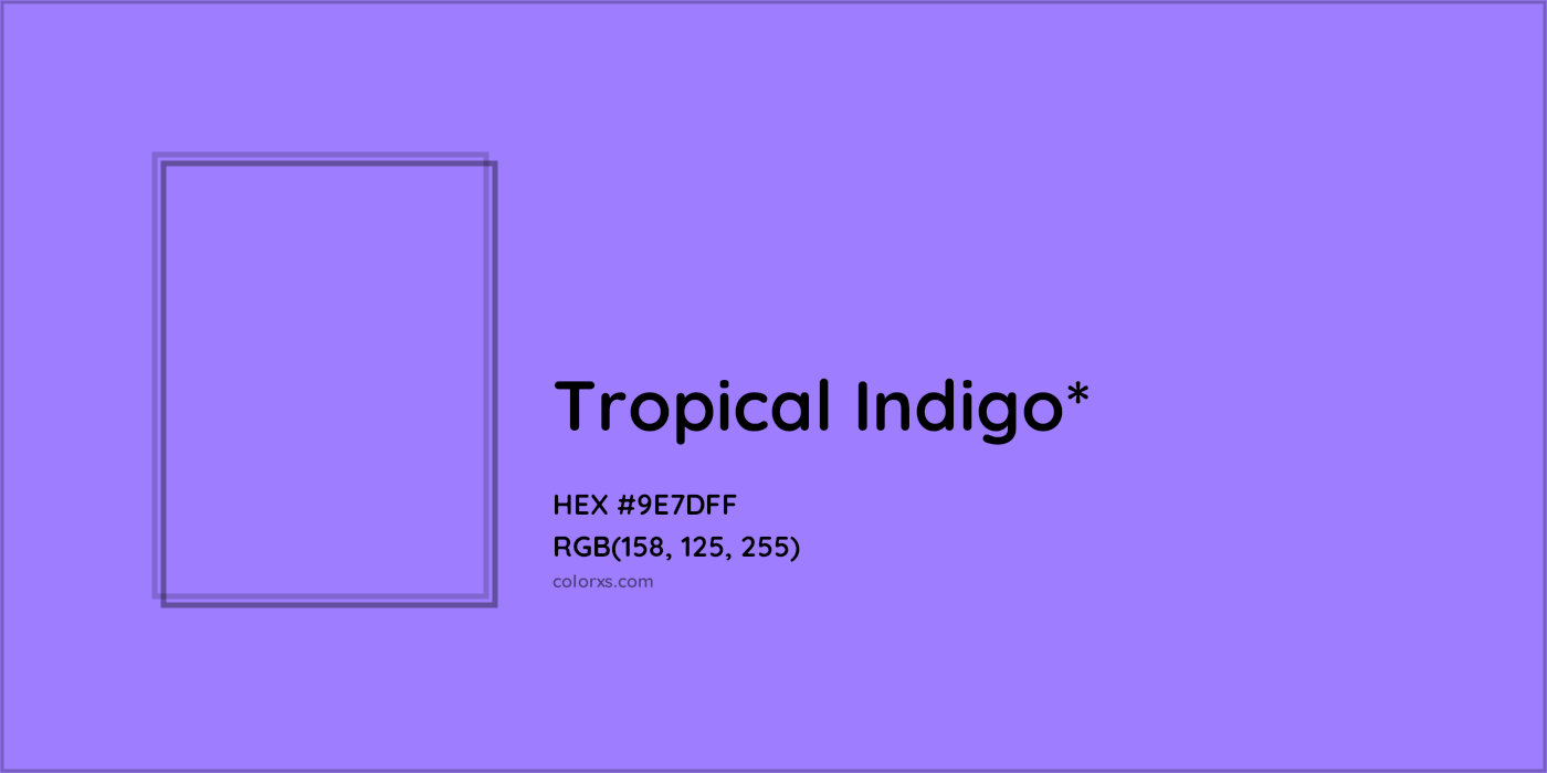 #9E7DFF hex color. RGB, RYB, CMYK, HSL, HSV codes and color conversions. Matching color names, palettes, paints.