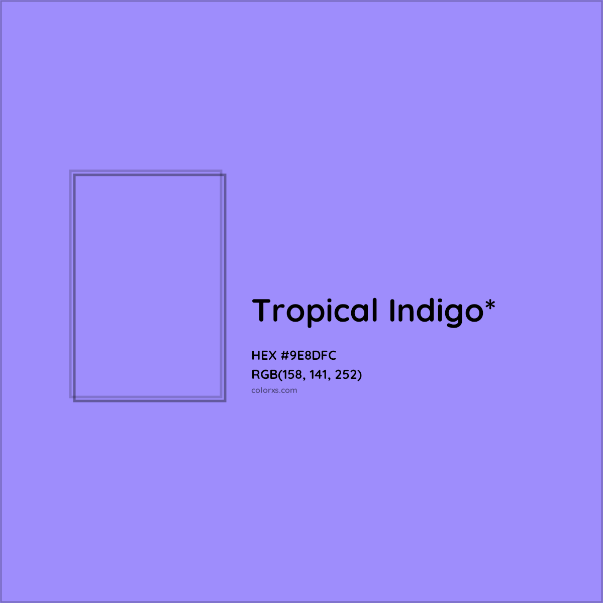#9E8DFC hex color. RGB, RYB, CMYK, HSL, HSV codes and color conversions. Matching color names, palettes, paints.