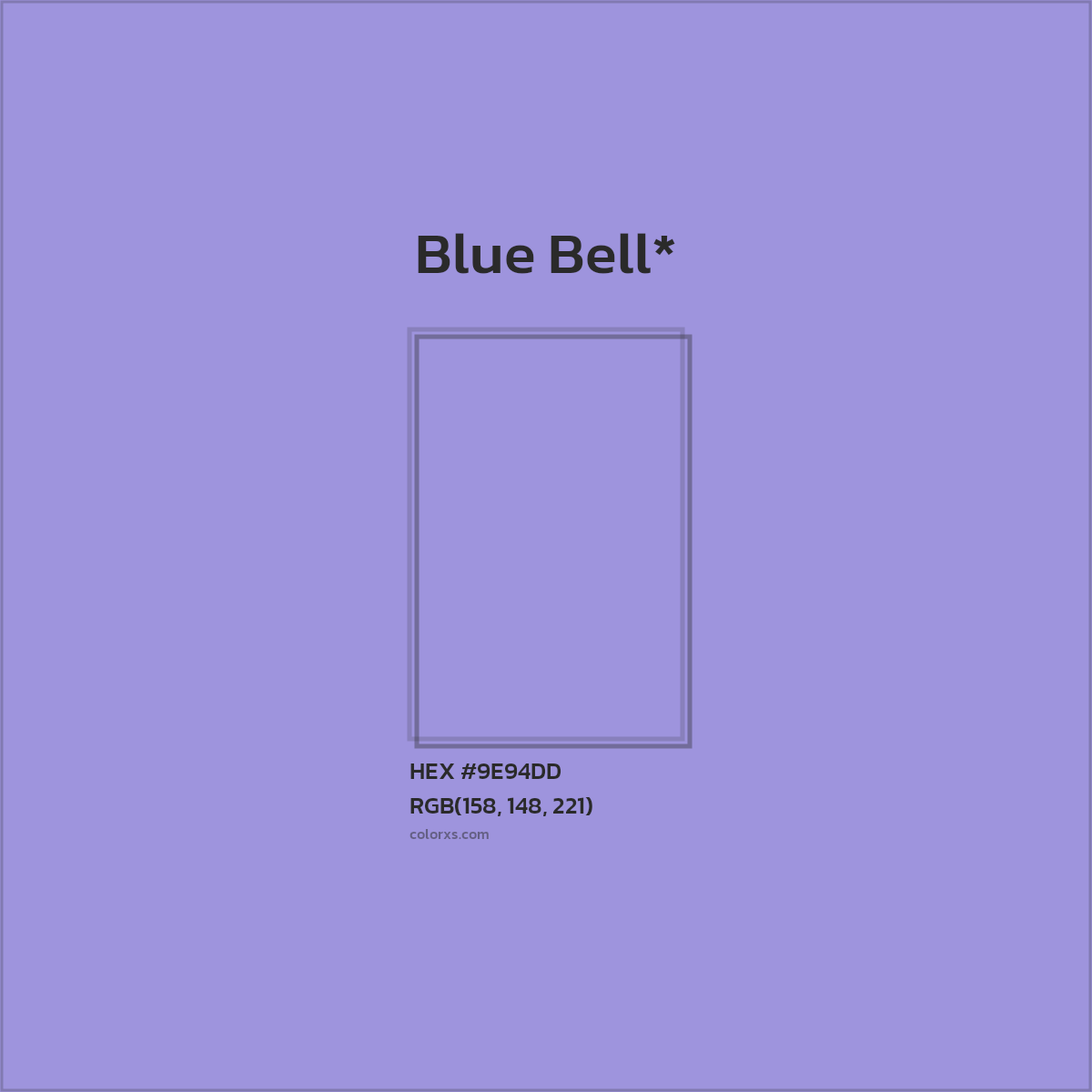 #9E94DD hex color. RGB, RYB, CMYK, HSL, HSV codes and color conversions. Matching color names, palettes, paints.