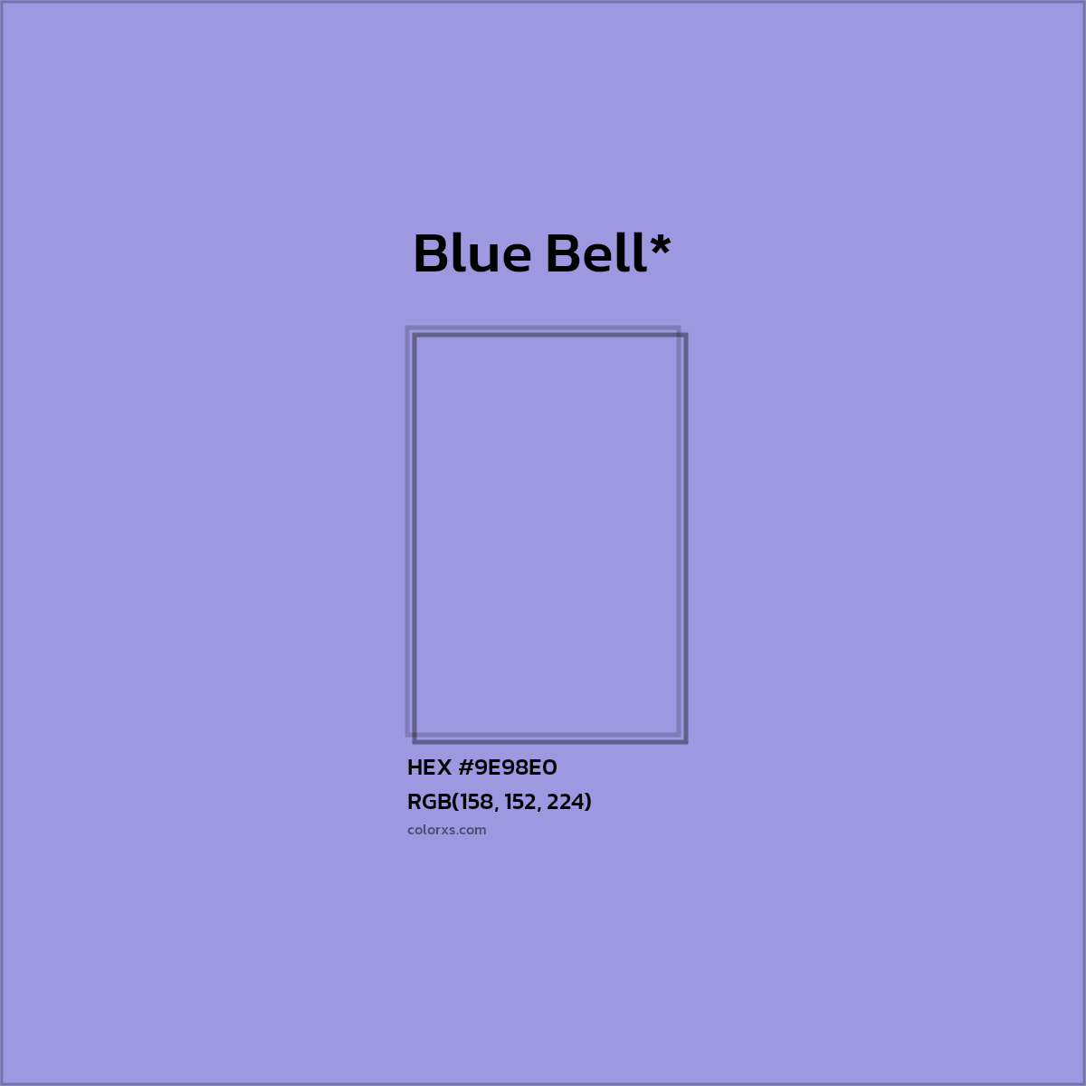 #9E98E0 hex color. RGB, RYB, CMYK, HSL, HSV codes and color conversions. Matching color names, palettes, paints.