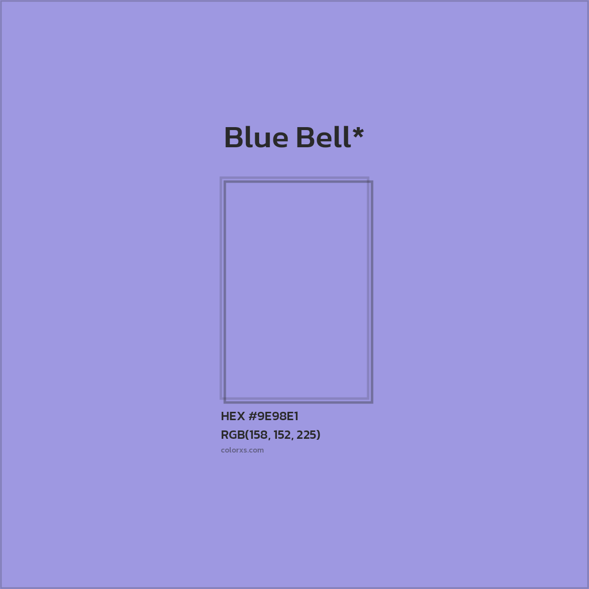 #9E98E1 hex color. RGB, RYB, CMYK, HSL, HSV codes and color conversions. Matching color names, palettes, paints.