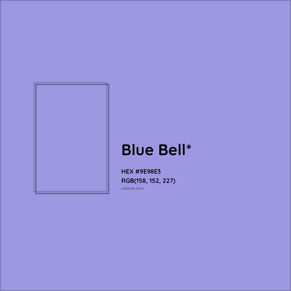 #9E98E3 hex color. RGB, RYB, CMYK, HSL, HSV codes and color conversions. Matching color names, palettes, paints.