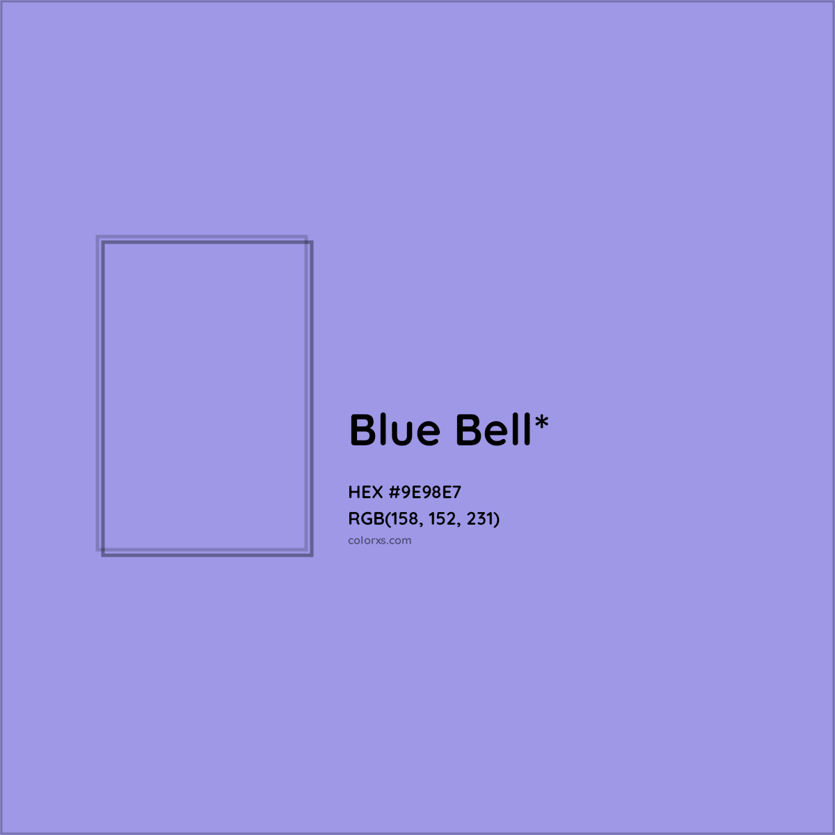 #9E98E7 hex color. RGB, RYB, CMYK, HSL, HSV codes and color conversions. Matching color names, palettes, paints.