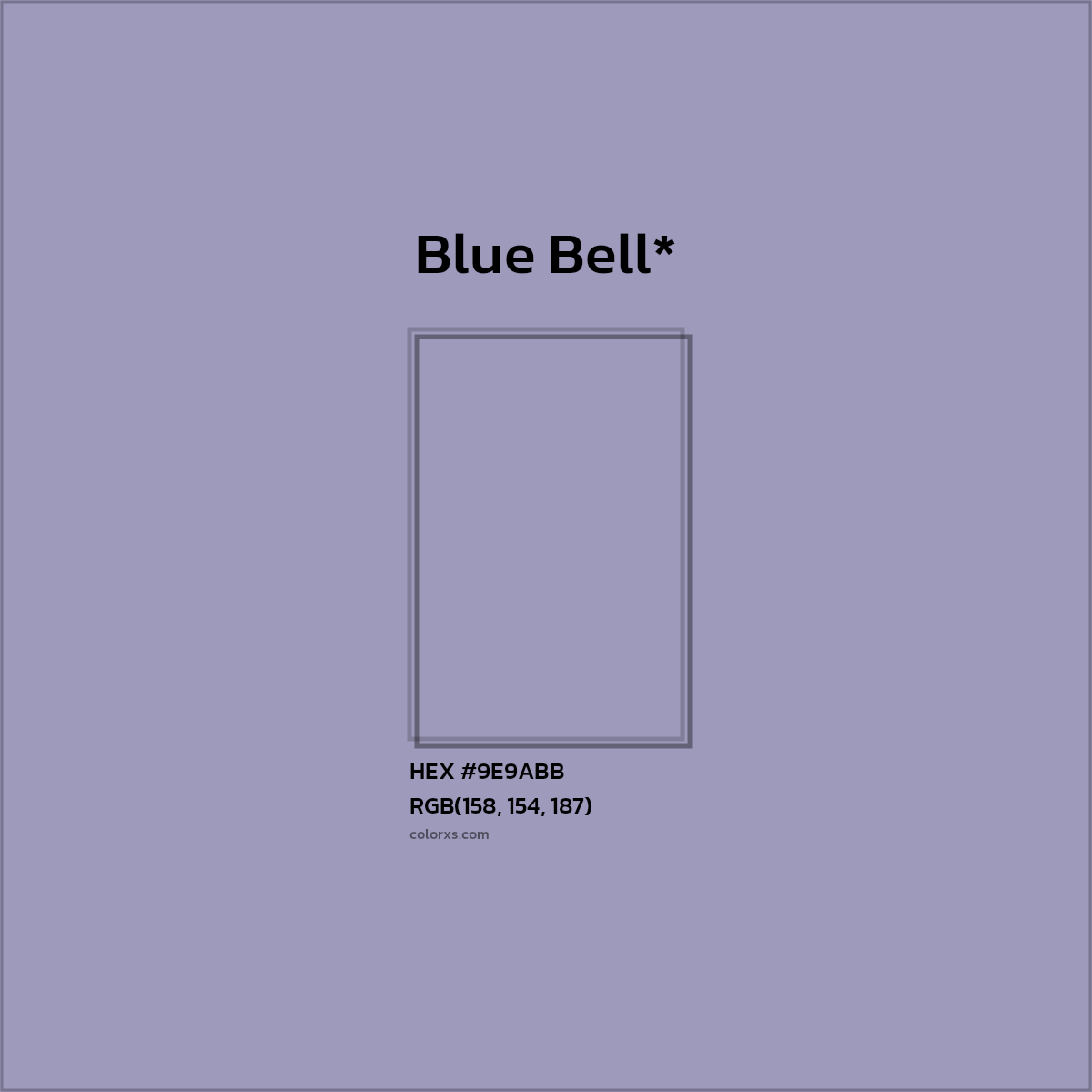#9E9ABB hex color. RGB, RYB, CMYK, HSL, HSV codes and color conversions. Matching color names, palettes, paints.