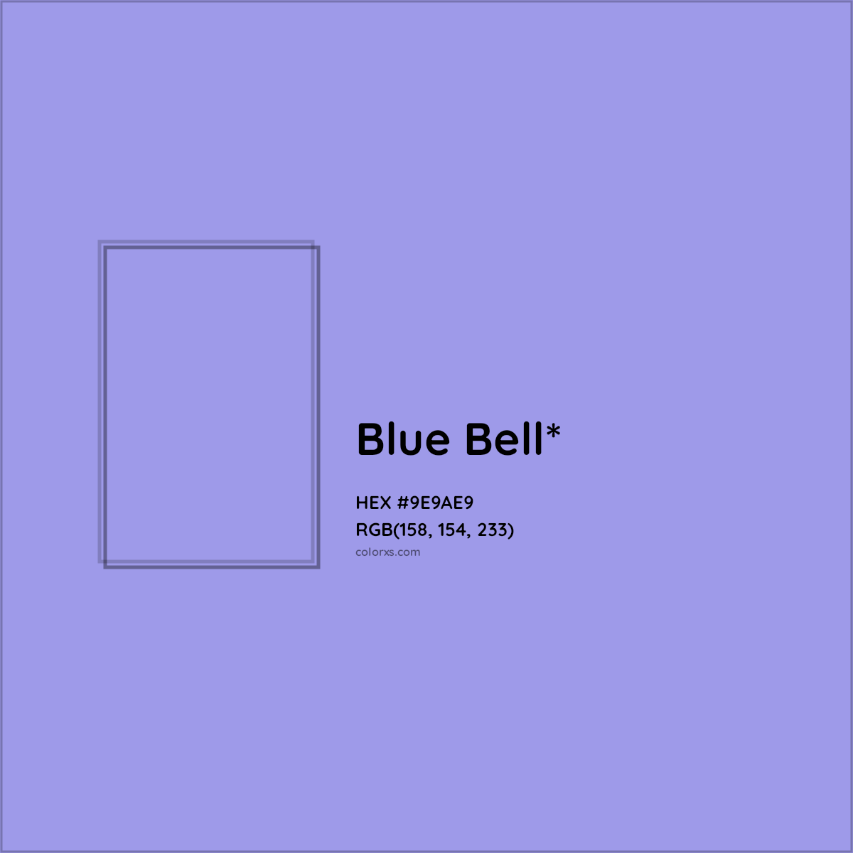 #9E9AE9 hex color. RGB, RYB, CMYK, HSL, HSV codes and color conversions. Matching color names, palettes, paints.