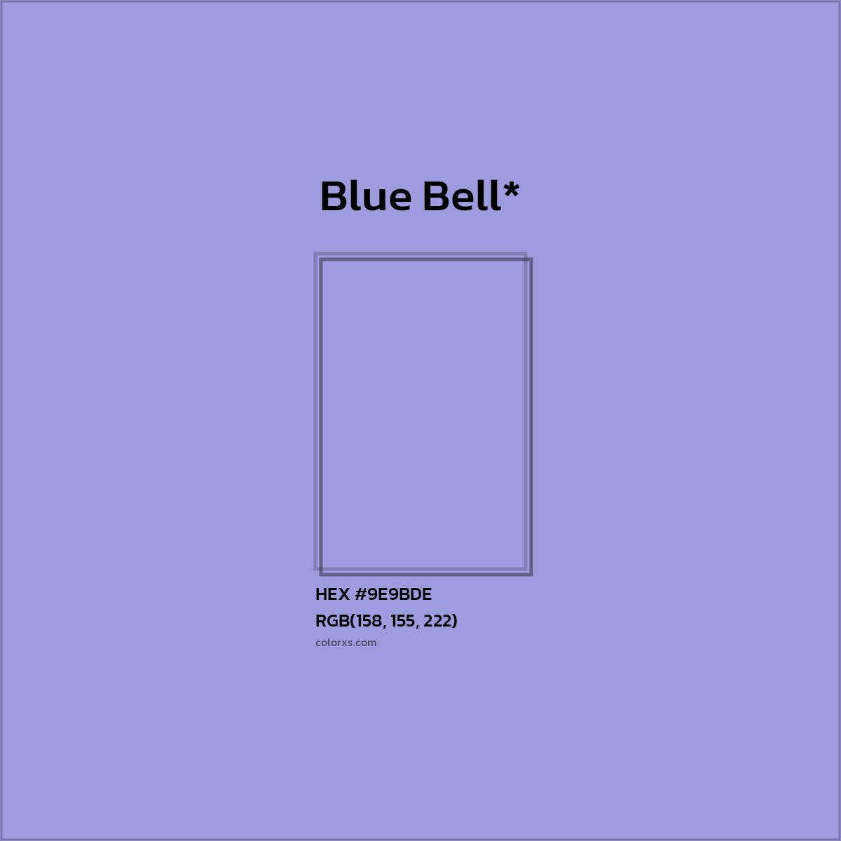 #9E9BDE hex color. RGB, RYB, CMYK, HSL, HSV codes and color conversions. Matching color names, palettes, paints.