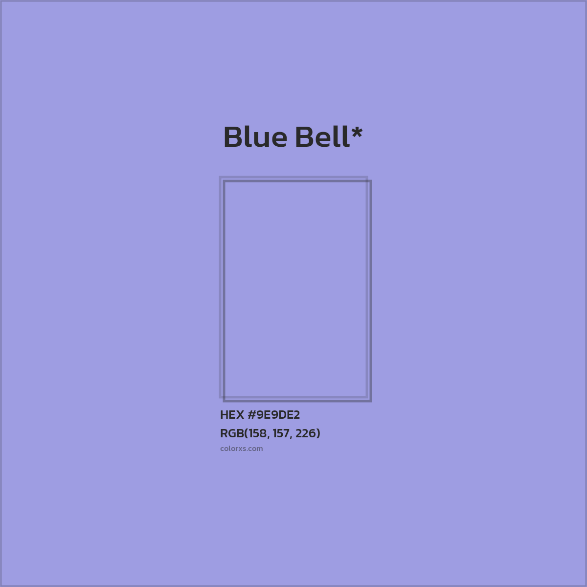 #9E9DE2 hex color. RGB, RYB, CMYK, HSL, HSV codes and color conversions. Matching color names, palettes, paints.