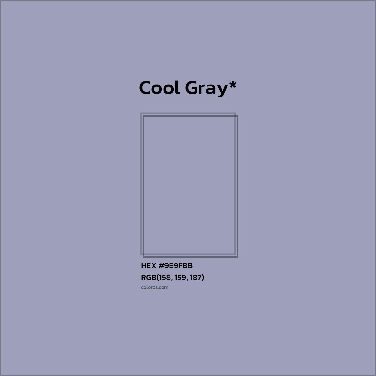 #9E9FBB hex color. RGB, RYB, CMYK, HSL, HSV codes and color conversions. Matching color names, palettes, paints.