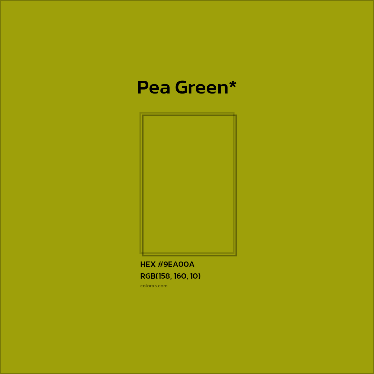 #9EA00A hex color. RGB, RYB, CMYK, HSL, HSV codes and color conversions. Matching color names, palettes, paints.