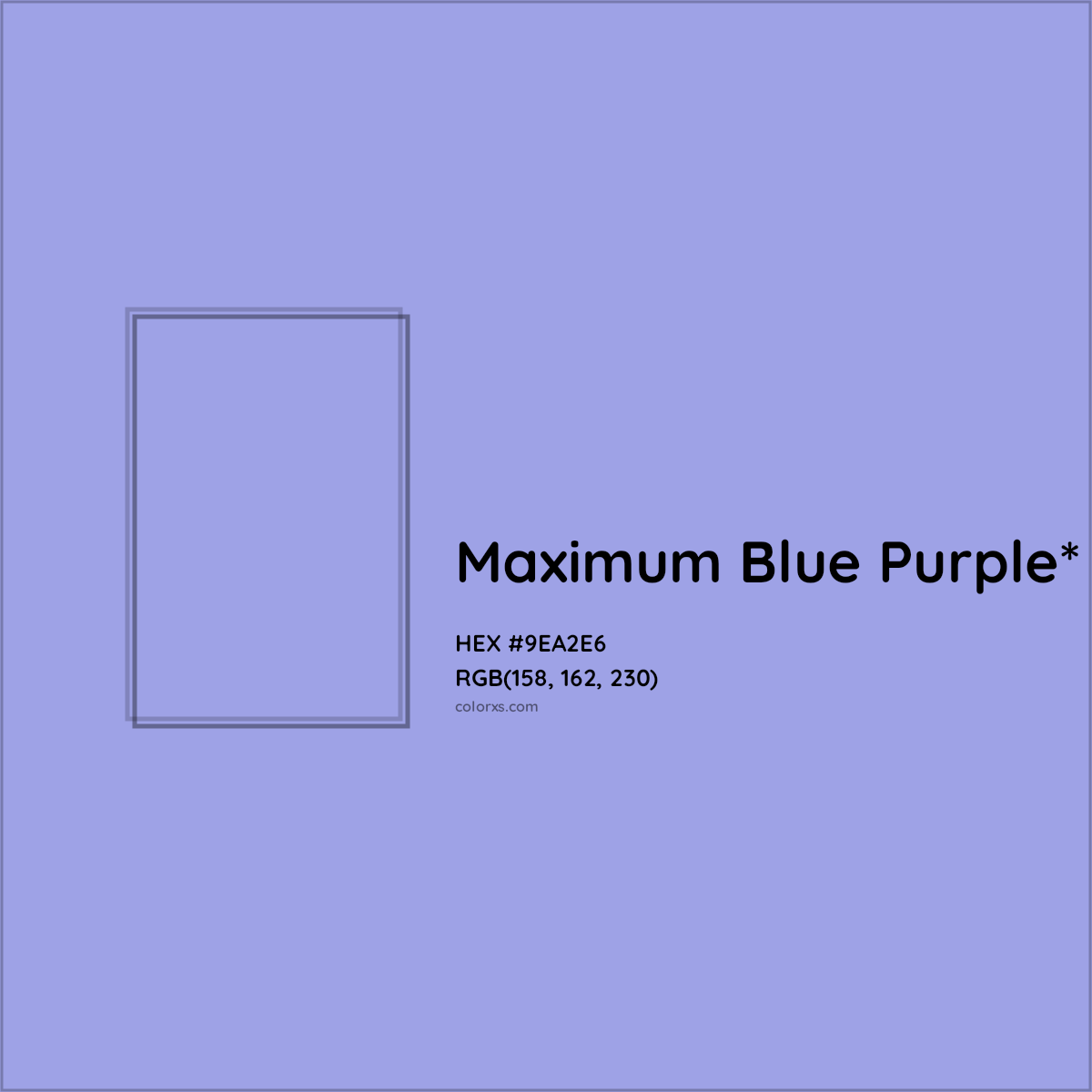 #9EA2E6 hex color. RGB, RYB, CMYK, HSL, HSV codes and color conversions. Matching color names, palettes, paints.