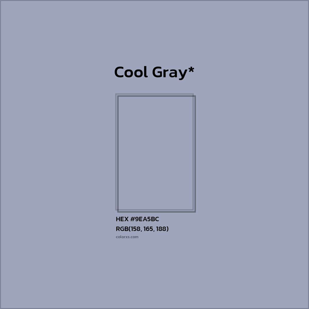 #9EA5BC hex color. RGB, RYB, CMYK, HSL, HSV codes and color conversions. Matching color names, palettes, paints.