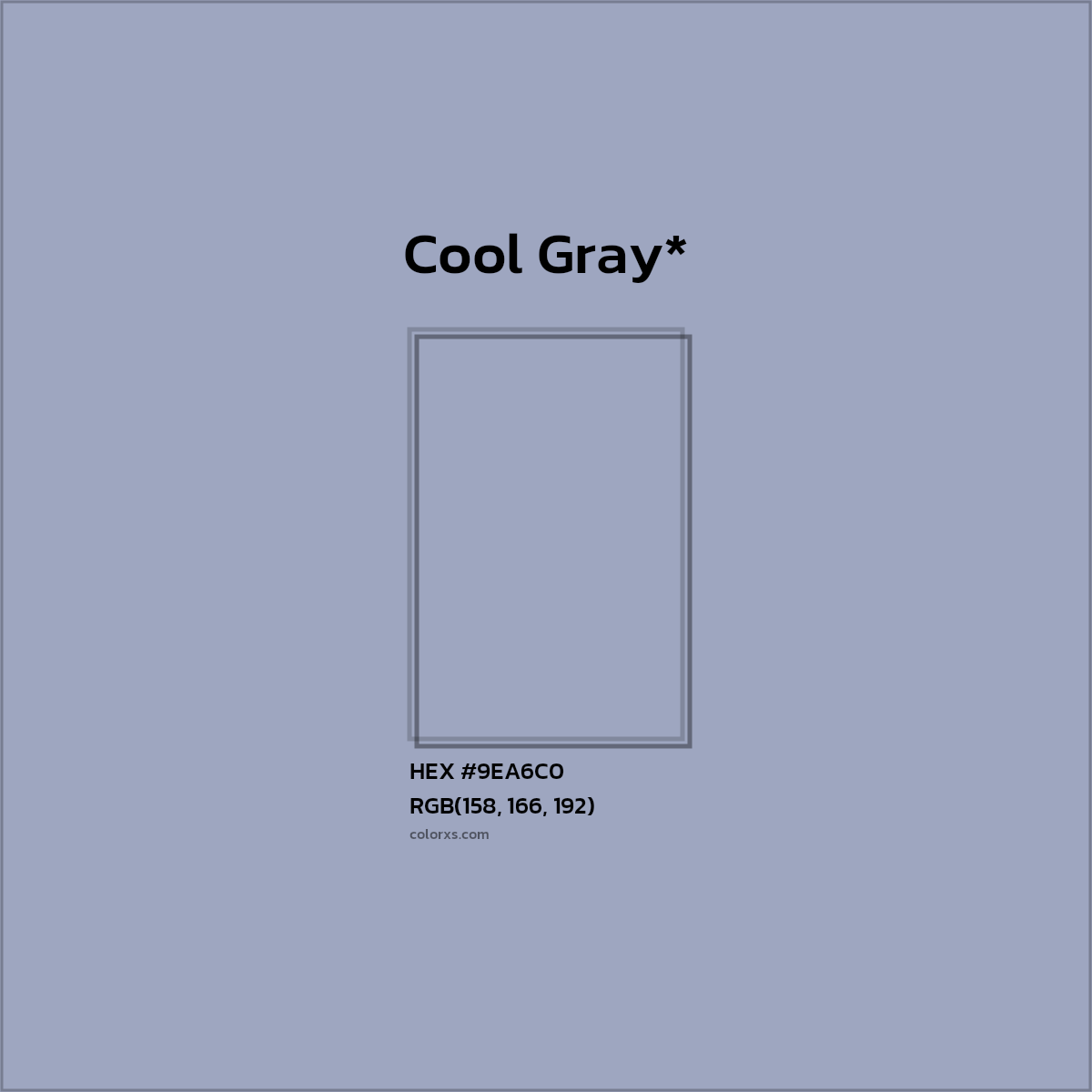 #9EA6C0 hex color. RGB, RYB, CMYK, HSL, HSV codes and color conversions. Matching color names, palettes, paints.