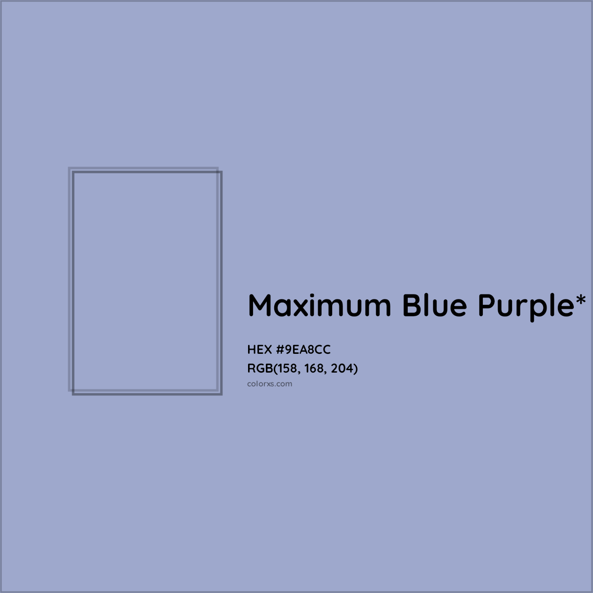#9EA8CC hex color. RGB, RYB, CMYK, HSL, HSV codes and color conversions. Matching color names, palettes, paints.