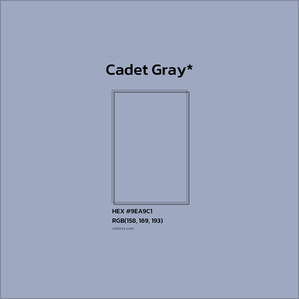 #9EA9C1 hex color. RGB, RYB, CMYK, HSL, HSV codes and color conversions. Matching color names, palettes, paints.