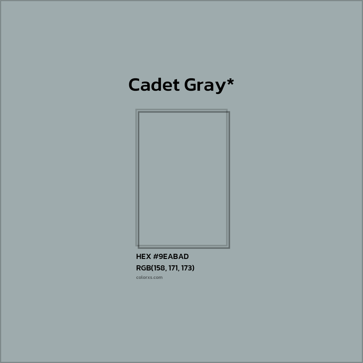 #9EABAD hex color. RGB, RYB, CMYK, HSL, HSV codes and color conversions. Matching color names, palettes, paints.