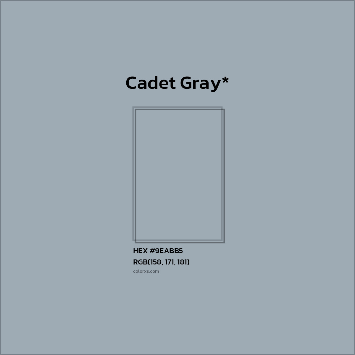 #9EABB5 hex color. RGB, RYB, CMYK, HSL, HSV codes and color conversions. Matching color names, palettes, paints.