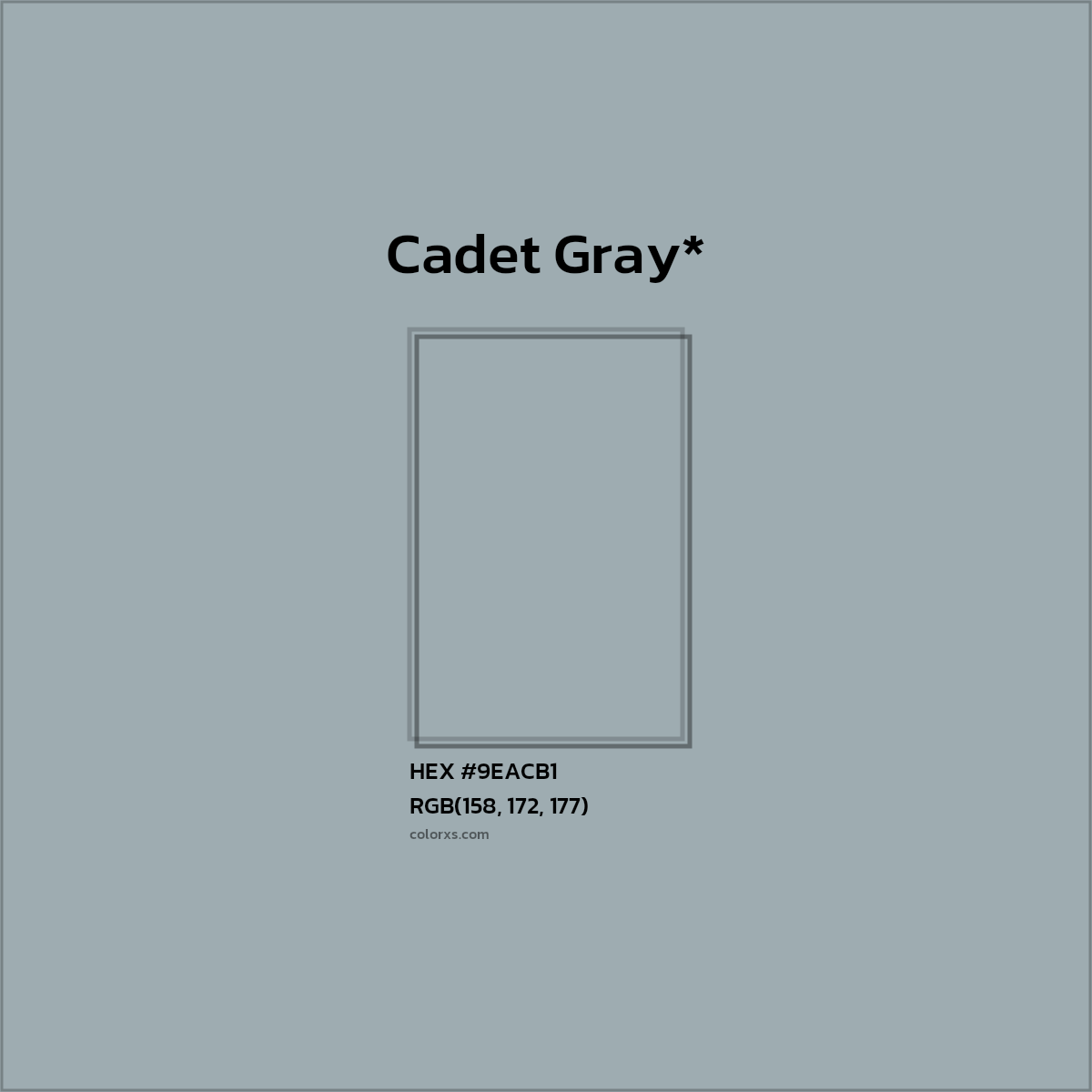 #9EACB1 hex color. RGB, RYB, CMYK, HSL, HSV codes and color conversions. Matching color names, palettes, paints.