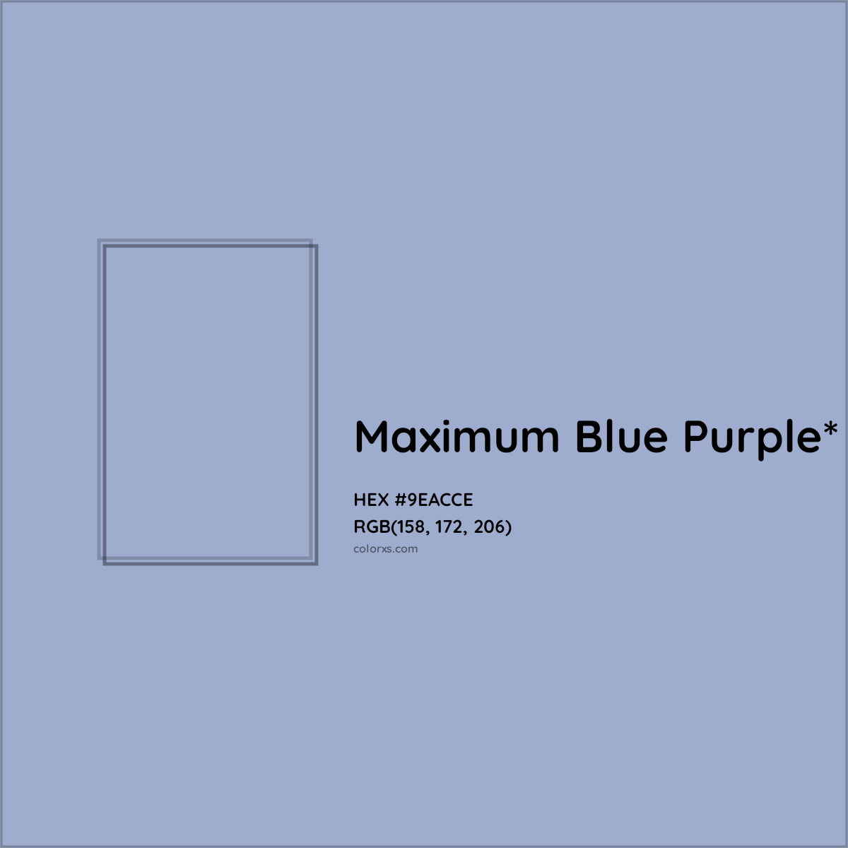 #9EACCE hex color. RGB, RYB, CMYK, HSL, HSV codes and color conversions. Matching color names, palettes, paints.